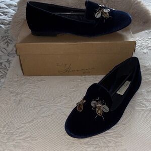 Vintage Havana Navy Blue Velvet Loafers with Embellished Detail